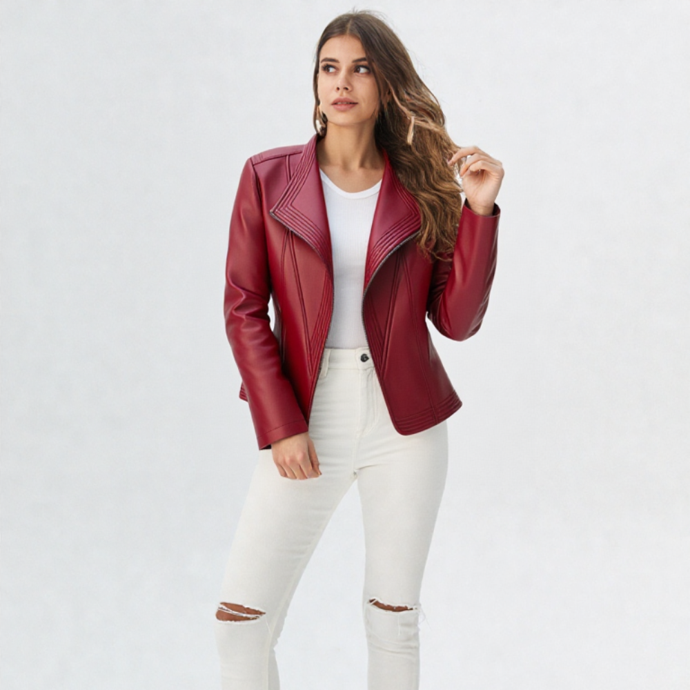 Women's Lapel Collar Vegan Leather Jacket
