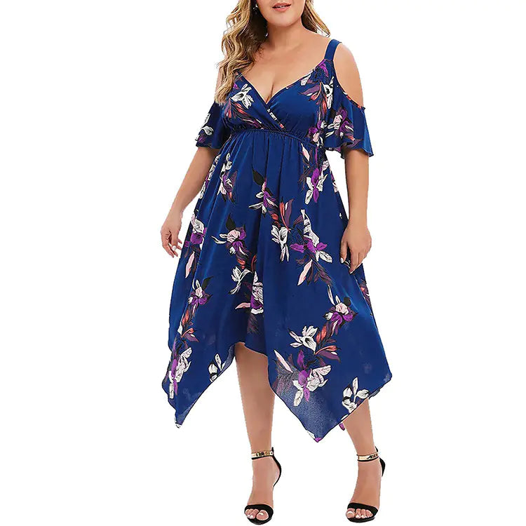 Women's Floral Print Open Shoulder Midi Dress Plus Size