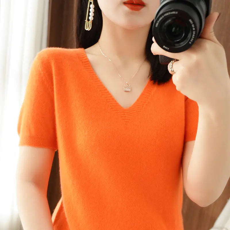 Women's V-Neck Short Sleeve Knit Sweater