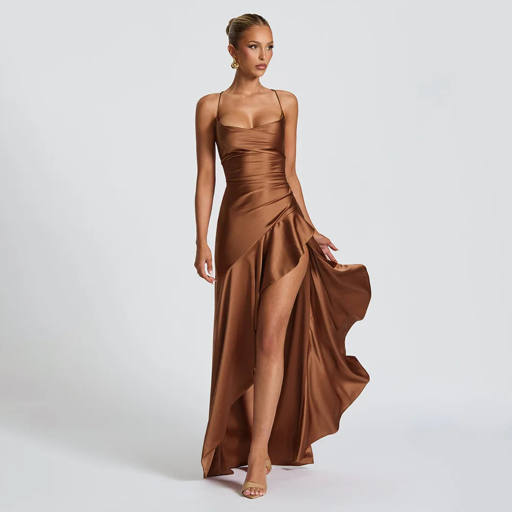 elegant satin long skirt personality suspender ruffle high slit dress club clothing