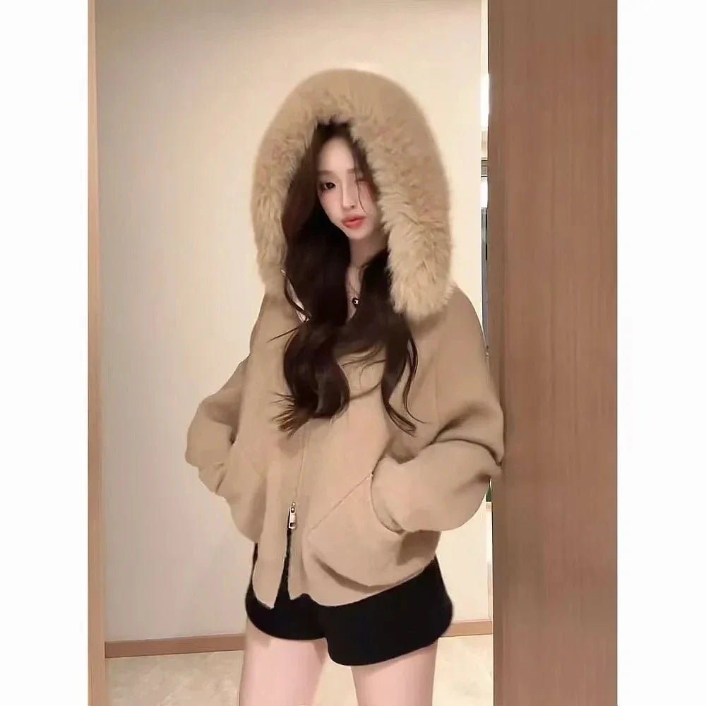 Autumn Loose Hooded Knitted Coat Pure Color Casual Coats