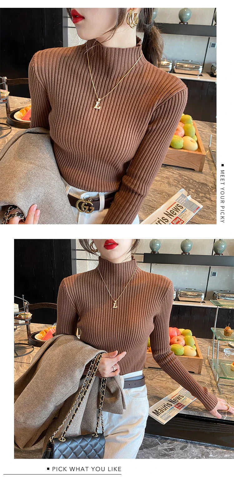 Pullover Long Sleeve Mock Neck Knitted Women Sweater