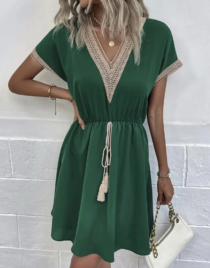 Short Sleeve V-neck Ruffle Waist Cross-border  Elastic Waist Dress