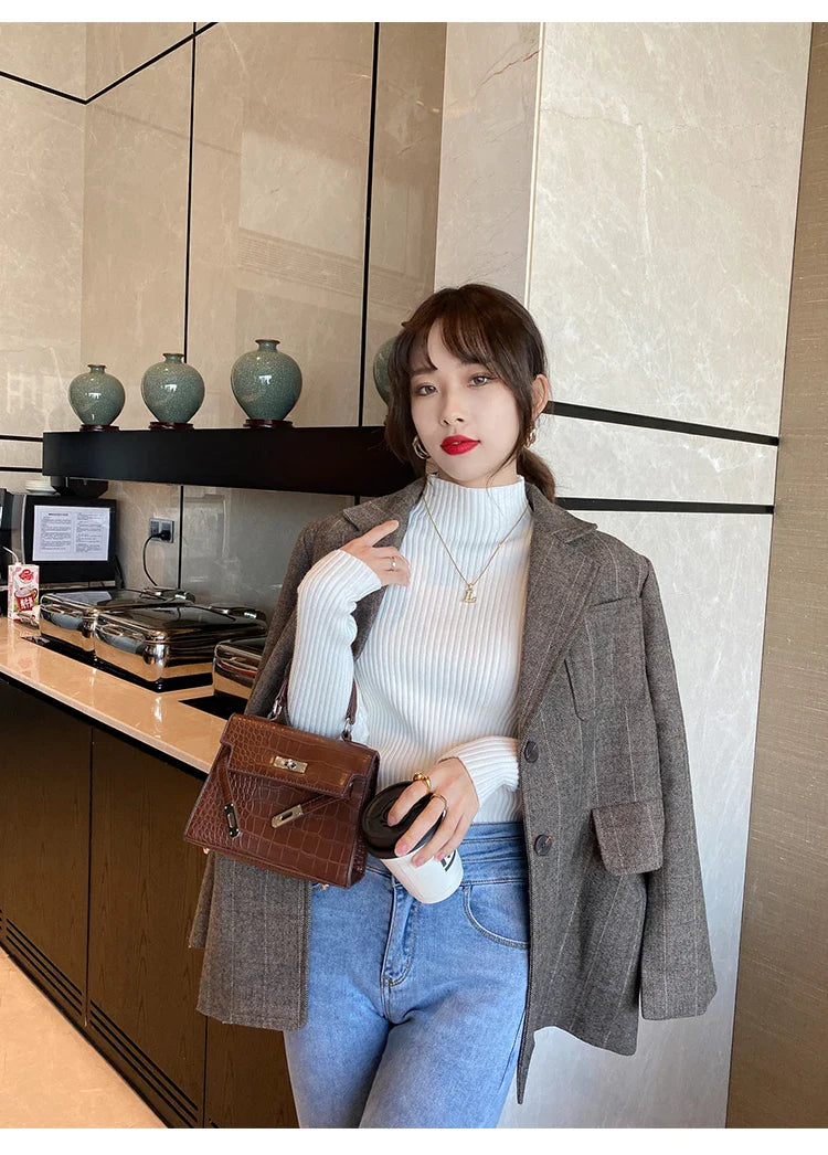 Pullover Long Sleeve Mock Neck Knitted Women Sweater