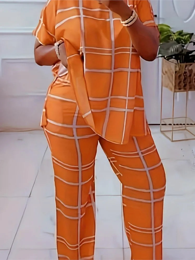 Elements Striped Grid Printed Casual Round Neck  Two Piece Set