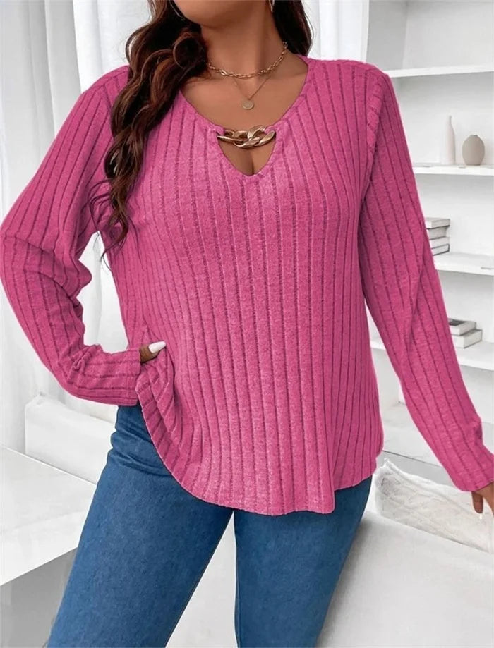 Plus Size Solid V-neck Chain Loose Long Sleeved Rib-knit Light Sweater