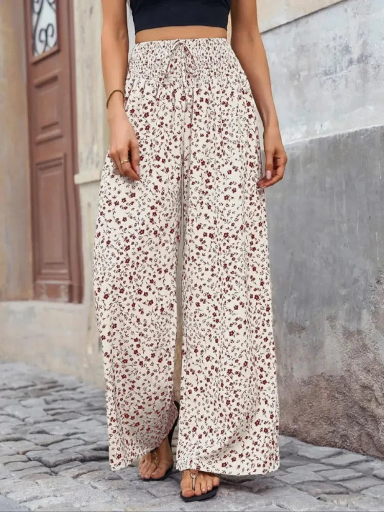 Floral Wide Leg  Flowy Ruffled High Waisted Summer Straight Pants