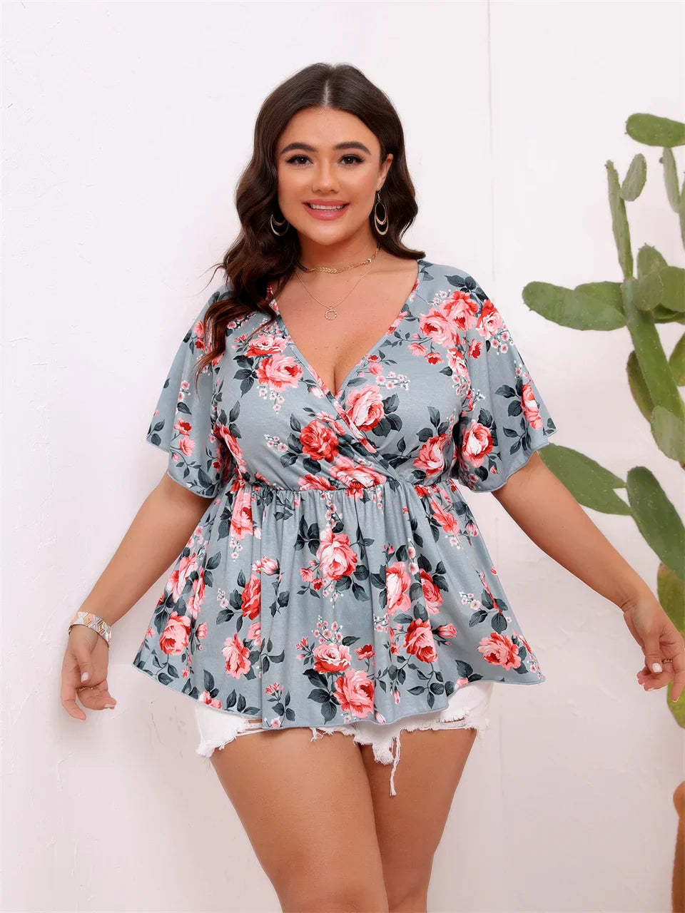 Plus Size Floral Print Casual Peplum Blouse