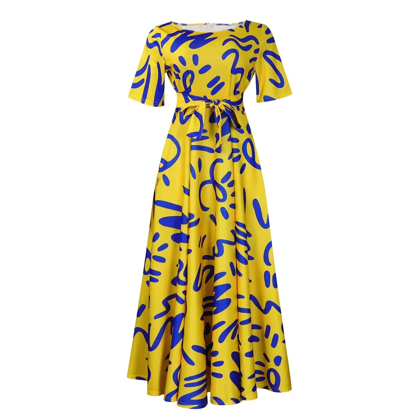 Printed Belted Dress Elegant  Knee-Length Round Neck Short Sleeve Dress