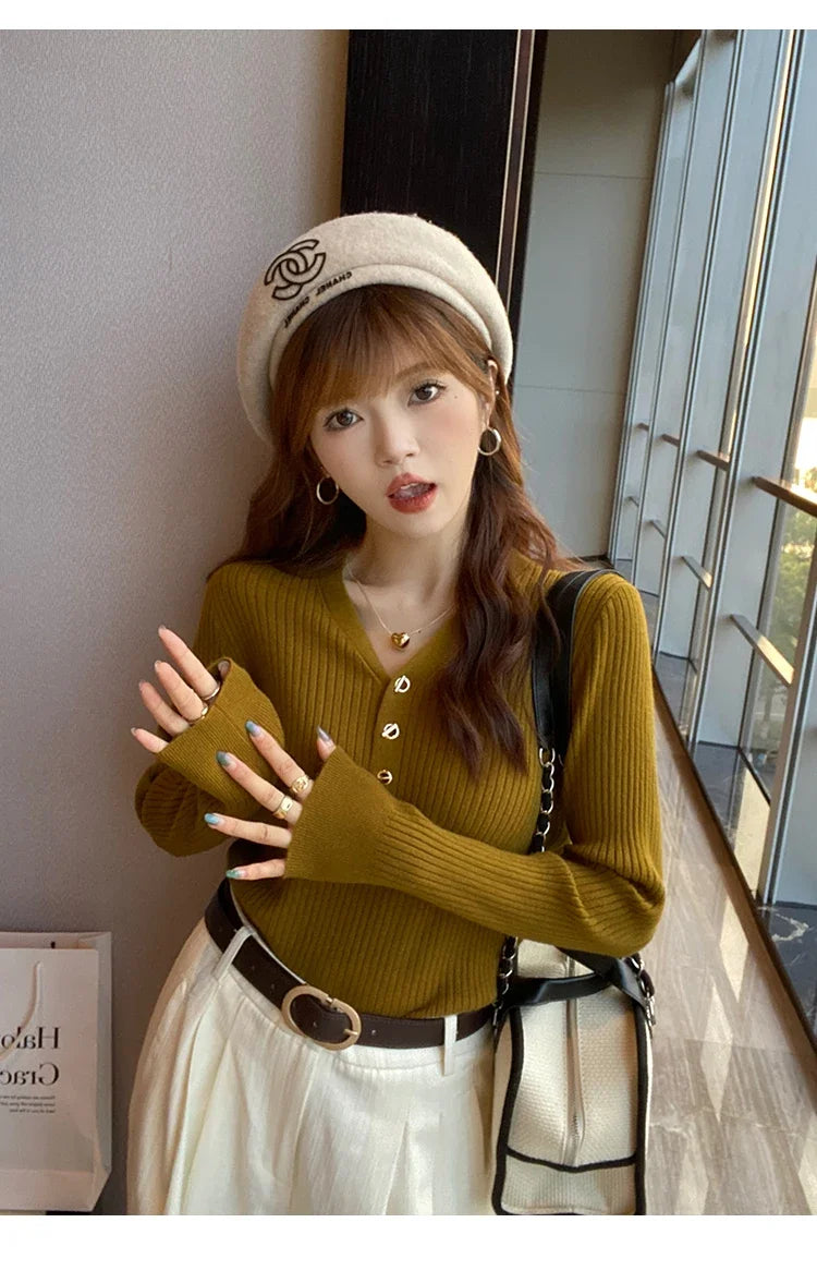 Sweaters Casual Slim Button Knitted Pullover Sweater