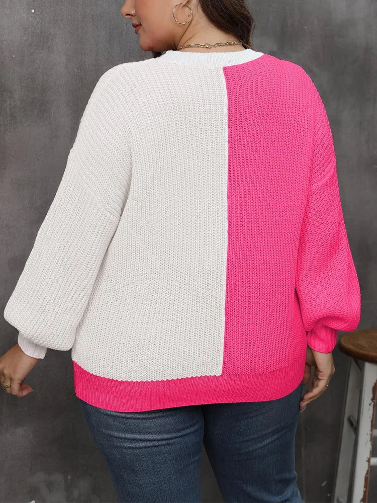 Plus Size Heart Color Block Crew Neck Sweaters Drop Shoulder