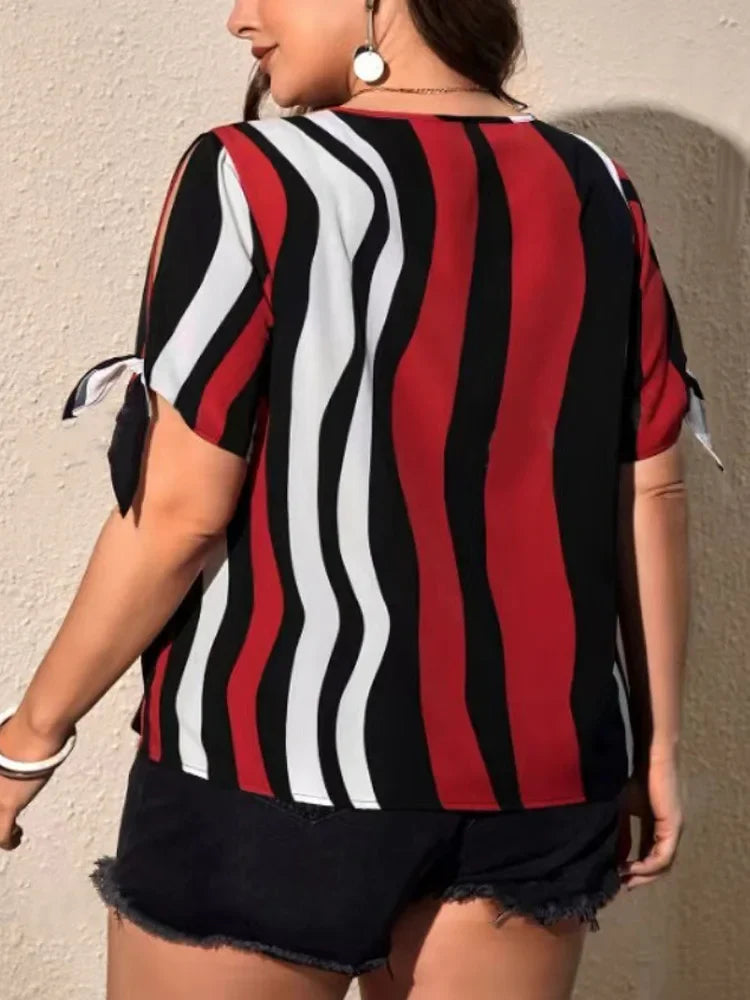 Plus Size Striped Short Sleeve Slit Tie O-Neck Women Blouses