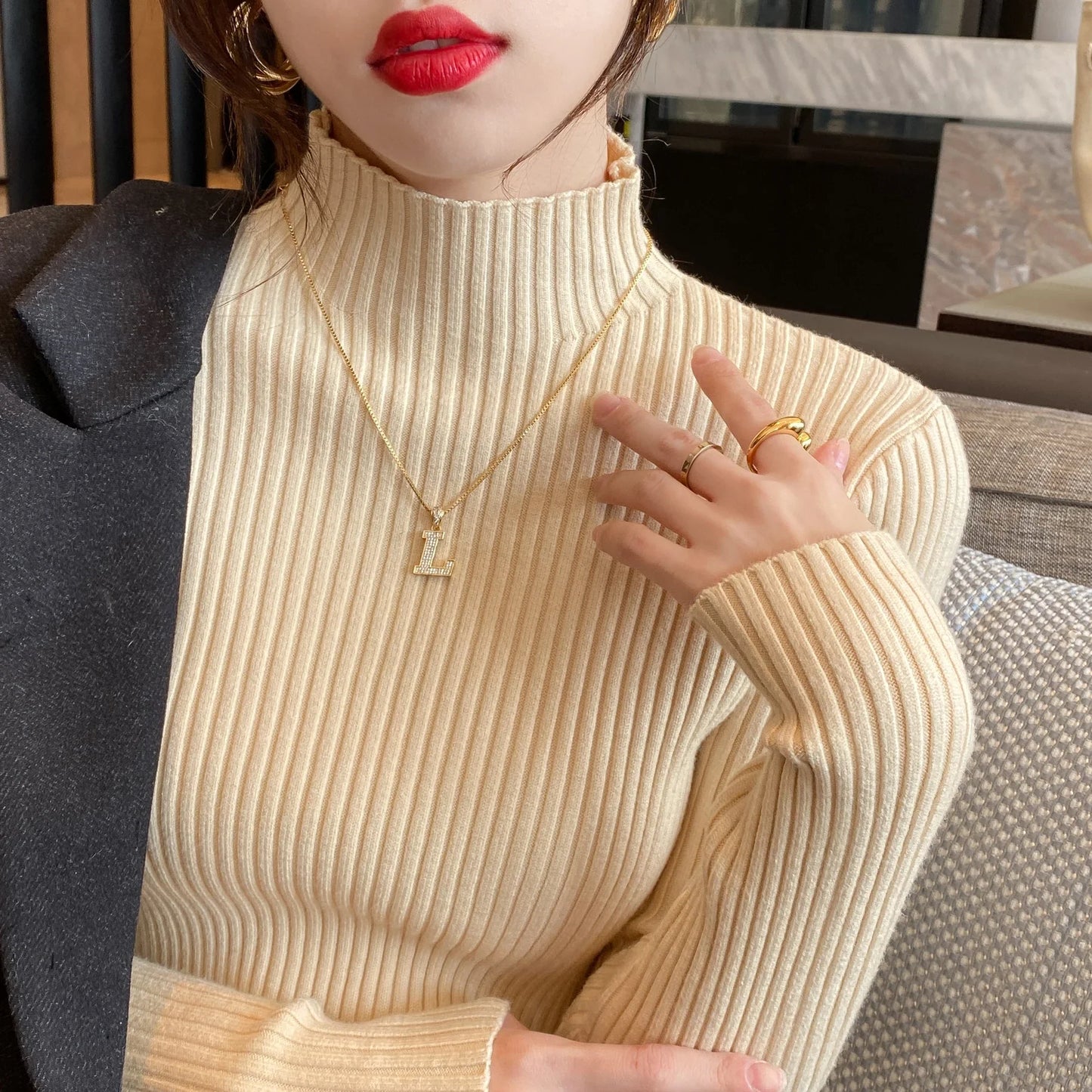 Pullover Long Sleeve Mock Neck Knitted Women Sweater