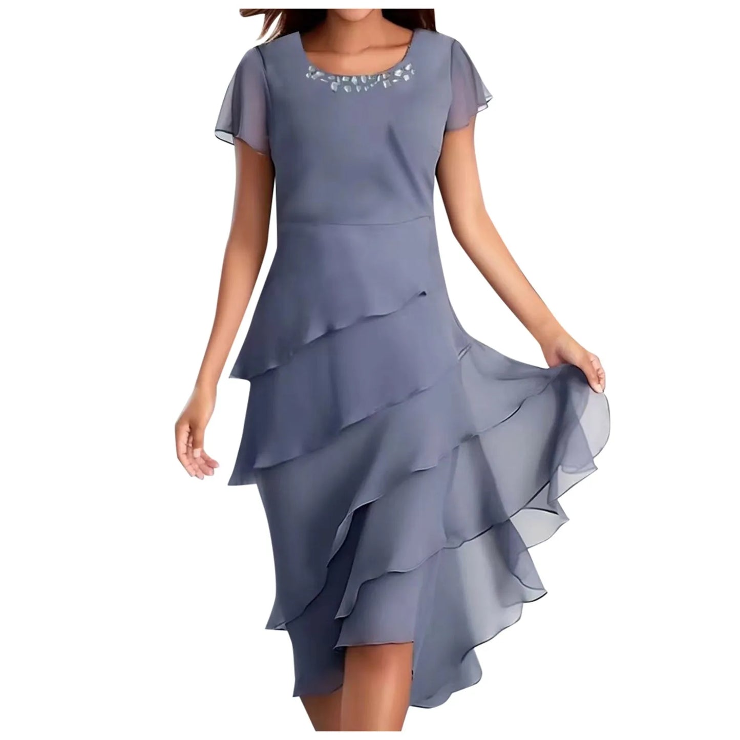 Plus Size Short Sleeve Round Neck Chiffon Paneled Dresses
