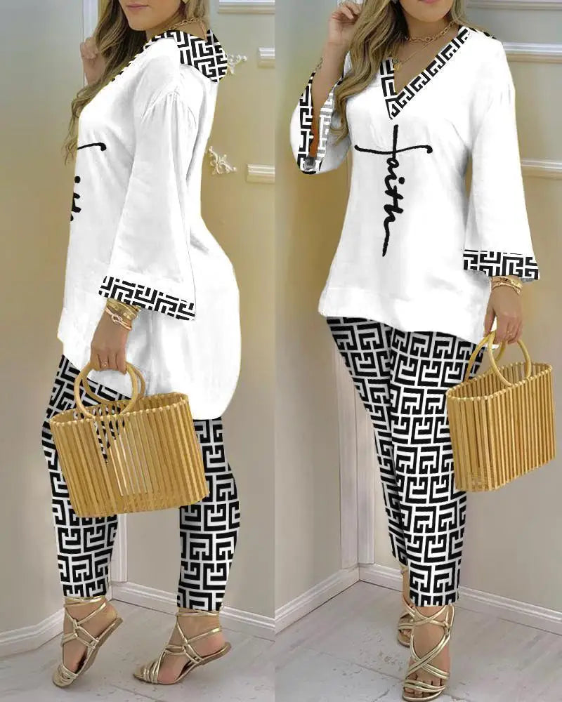 Long Sleeve V-neck Polyester Printing Two Pieces Sets
