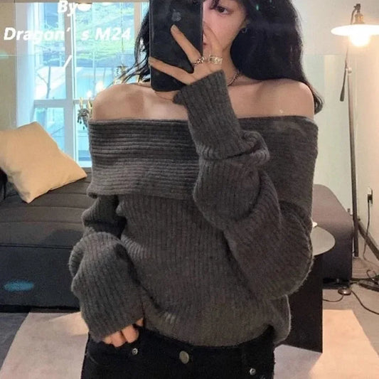 New Arriva Sexy Off-Shoulder Knit Thickened Soft Sweater Women