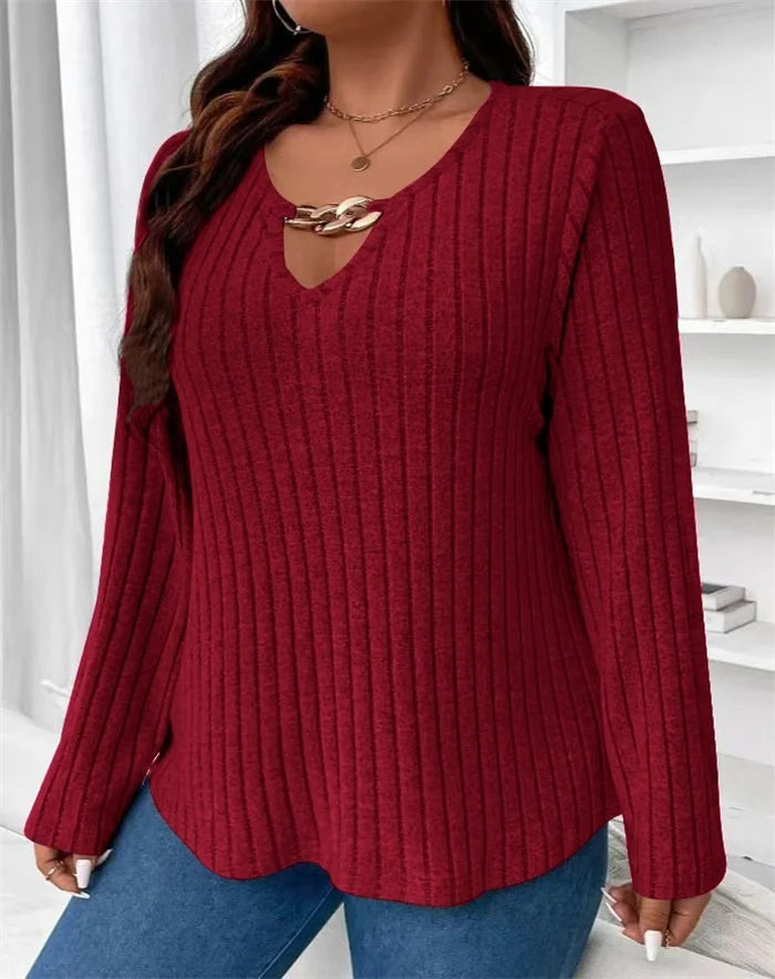 Plus Size Solid V-neck Chain Loose Long Sleeved Rib-knit Light Sweater