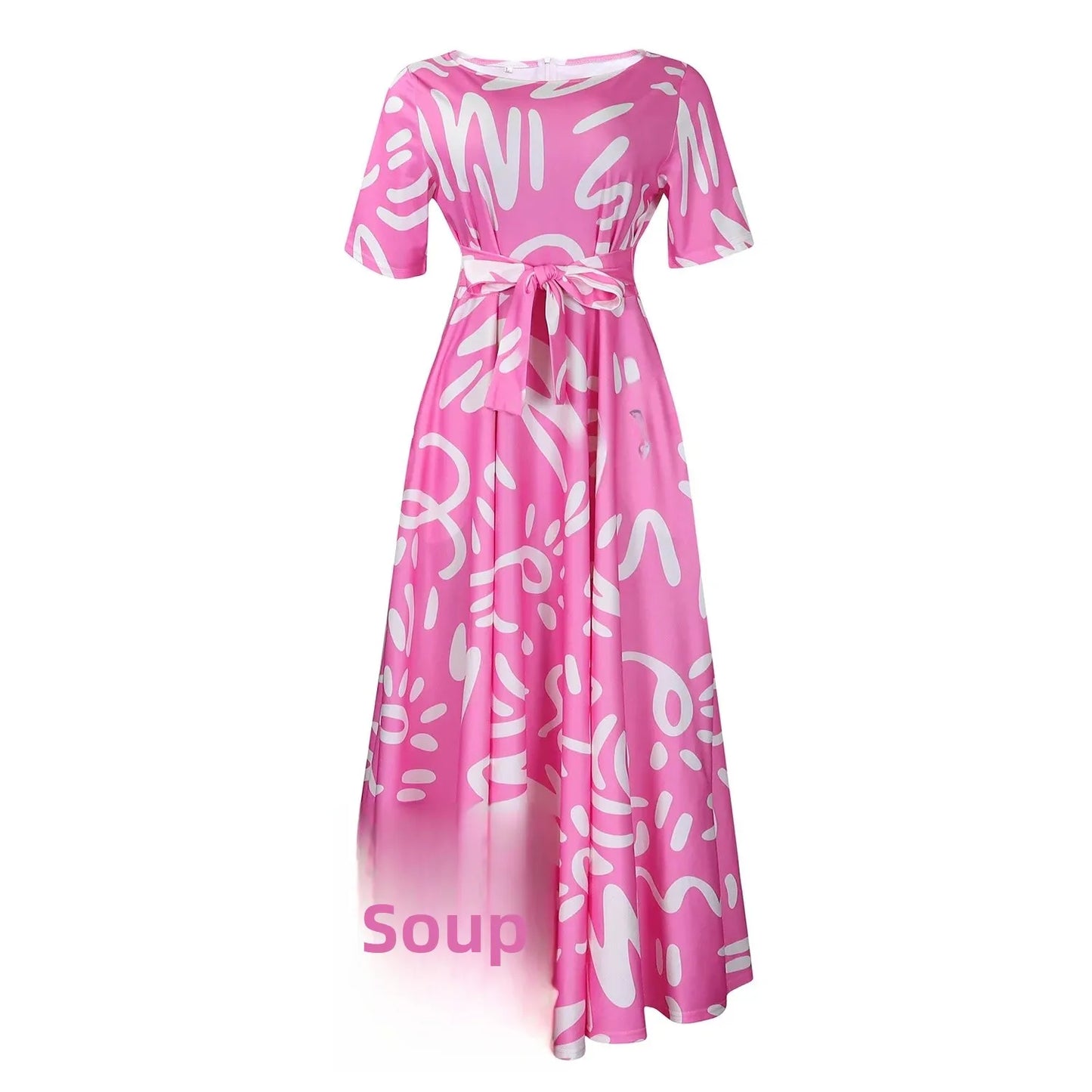 Printed Belted Dress Elegant  Knee-Length Round Neck Short Sleeve Dress