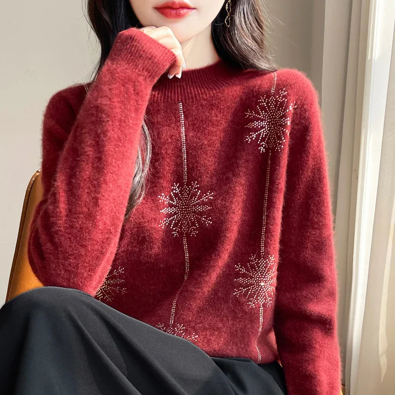 Snowflake Mock Neck Long Sleeve Knitted Looser Pullovers