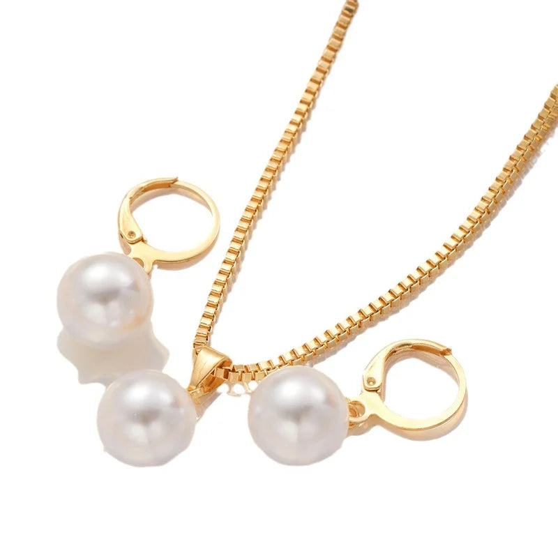 Round Pearl Jewelry Set Of Earring Pendant Necklace