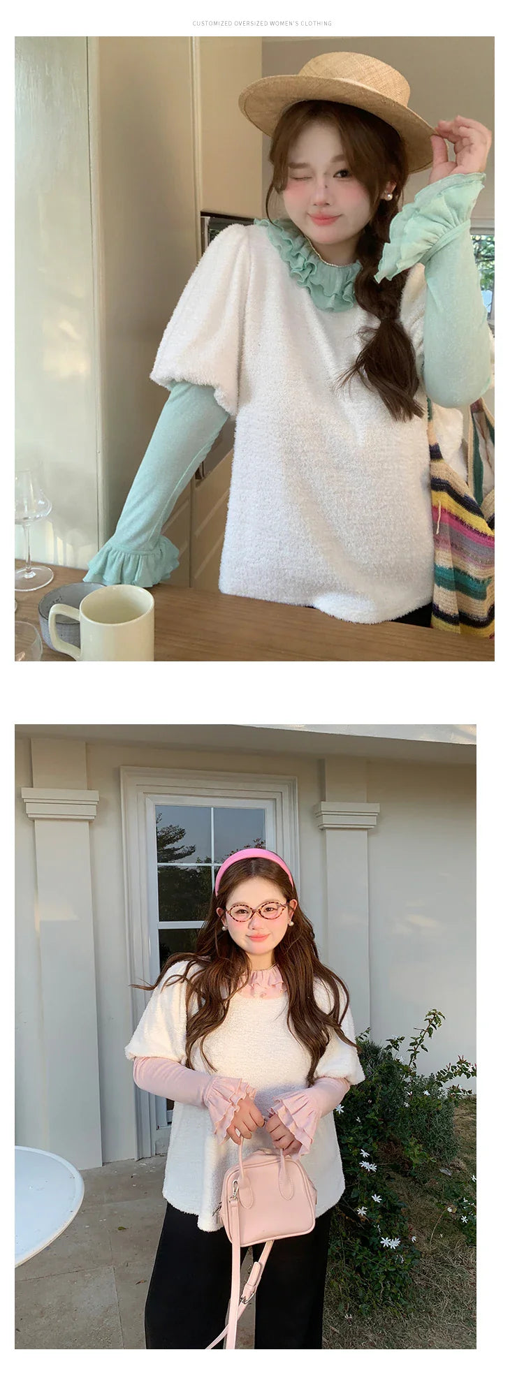 Solid Color Long Sleeve Sweet Double Layer Ruffles Crew Neck Knitted Sweater