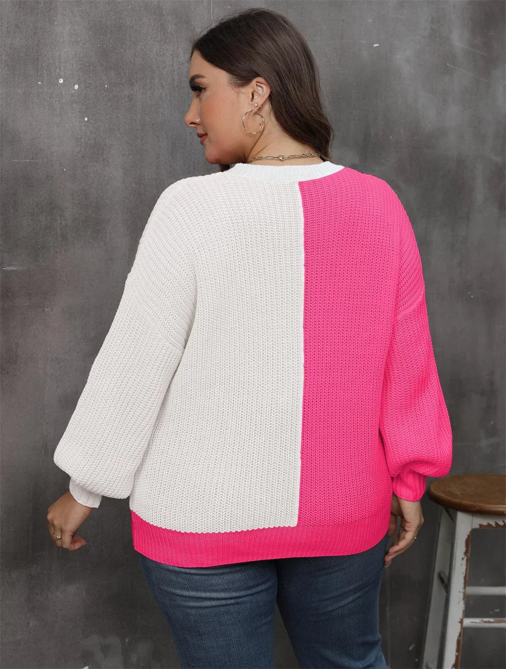 Plus Size Heart Color Block Crew Neck Sweaters Drop Shoulder