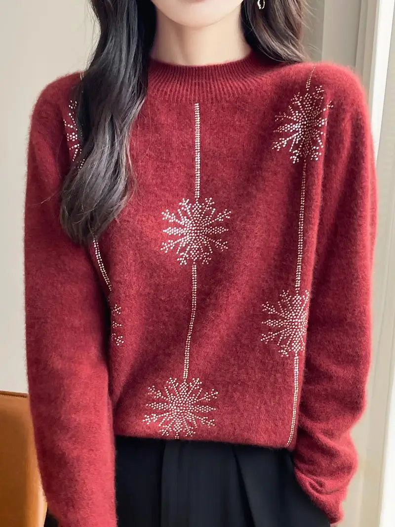 Snowflake Mock Neck Long Sleeve Knitted Looser Pullovers