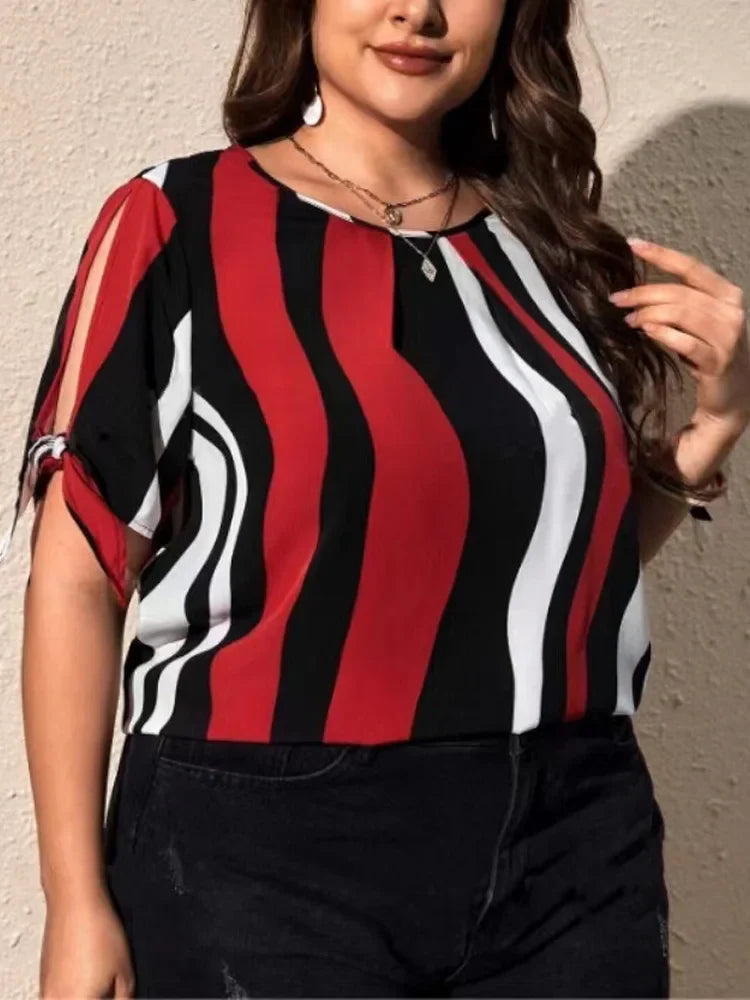 Plus Size Striped Short Sleeve Slit Tie O-Neck Women Blouses