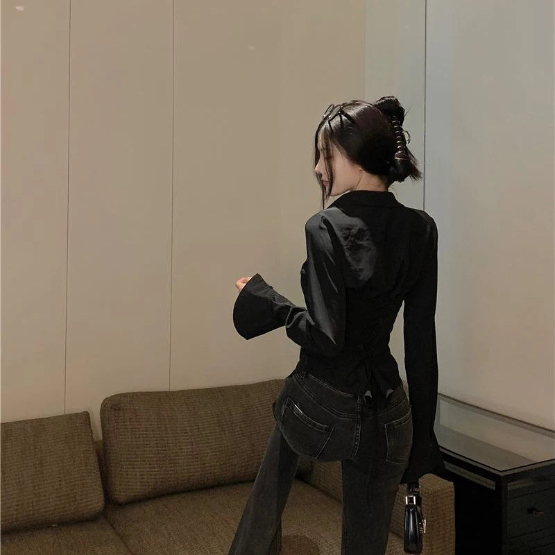 Gidyq Fashion Women Bandage Shirts Korean All Match