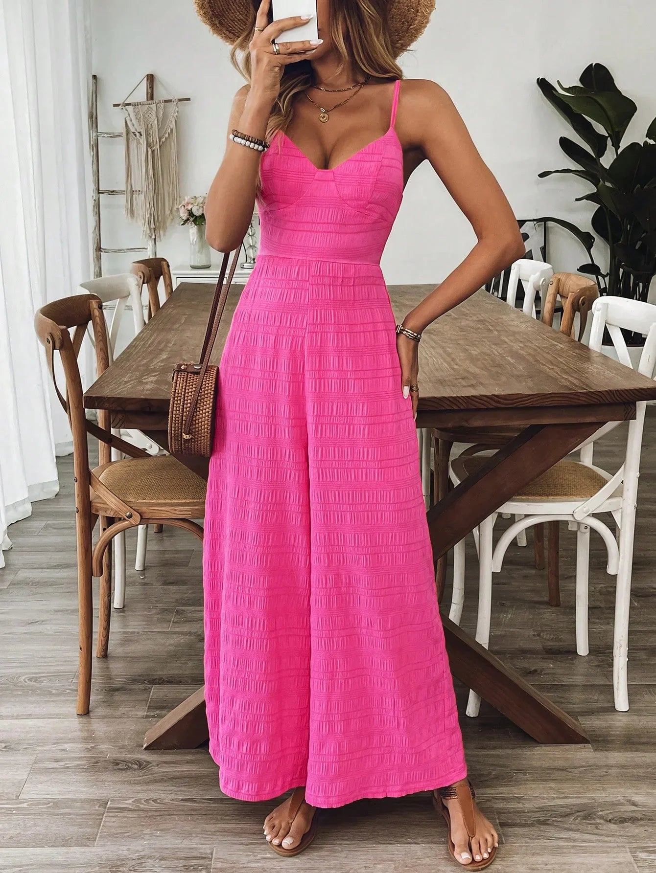 Women's Jumpsuits  Rose Red Sexy Backless Strap Wide-foot Jumpsuits