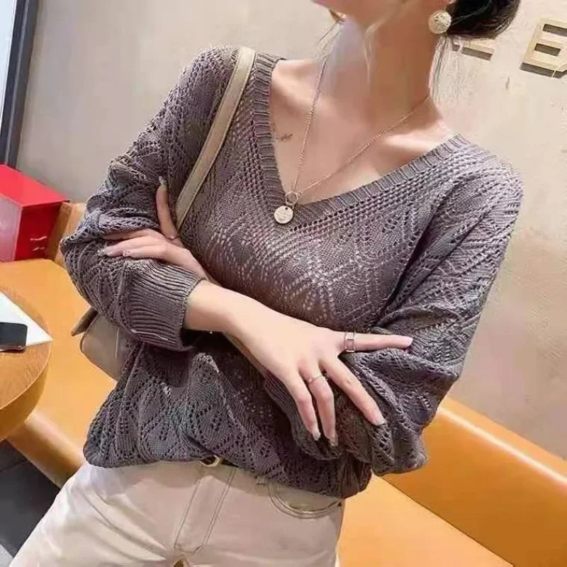 V-neck Crochet Hollow Knit Loose Bat Long Sleeve Sweater