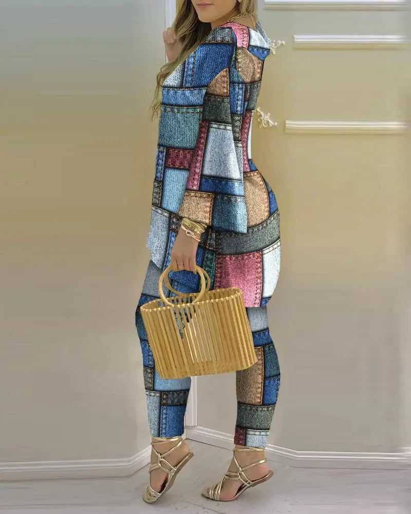 Long Sleeve V-neck Polyester Printing Two Pieces Sets