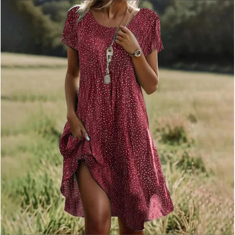 Artistic Ethnic Style Round Neck Medium-Length Dress Summer