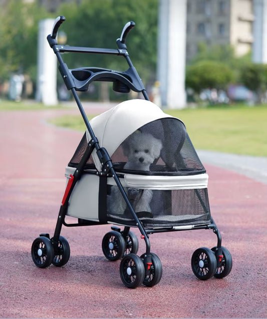 Pet Stroller for Small Dogs Foldable Lightweight Outdoor Travel Carrier with Breathable Mesh and Storage There Is A Dining Plate