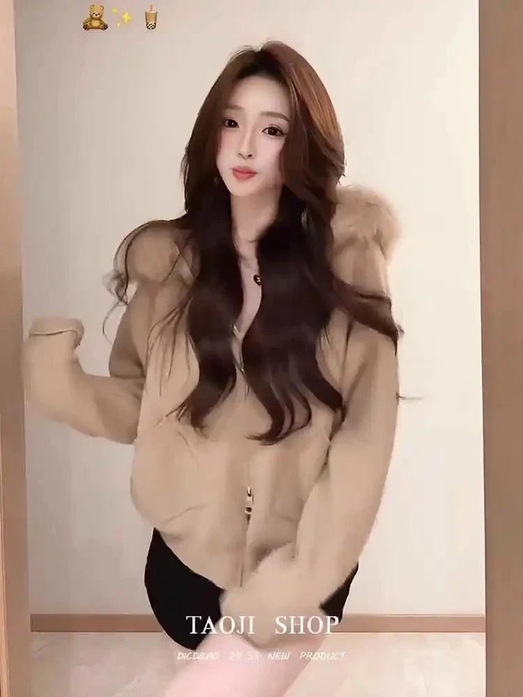 Autumn Loose Hooded Knitted Coat Pure Color Casual Coats