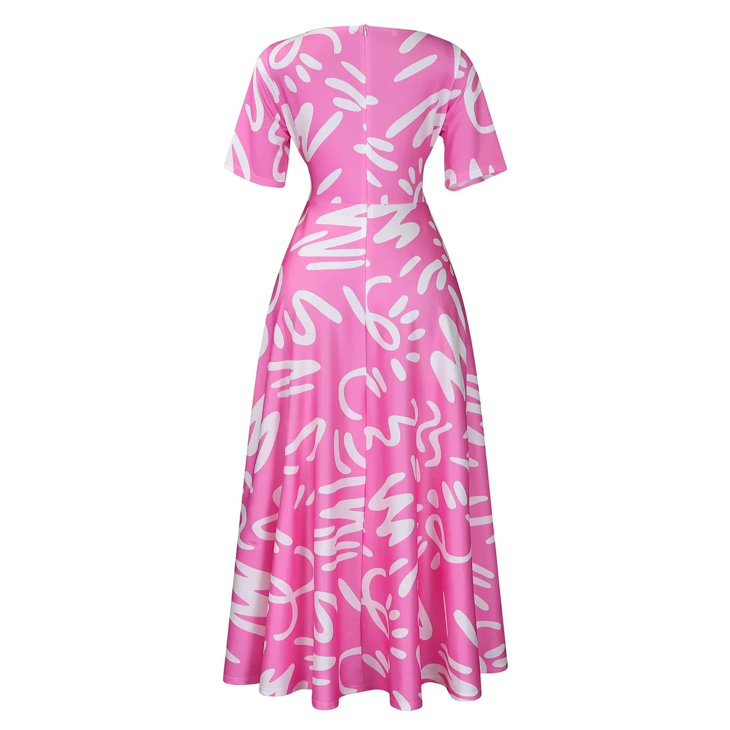 Printed Belted Dress Elegant  Knee-Length Round Neck Short Sleeve Dress