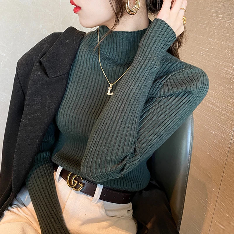 Pullover Long Sleeve Mock Neck Knitted Women Sweater
