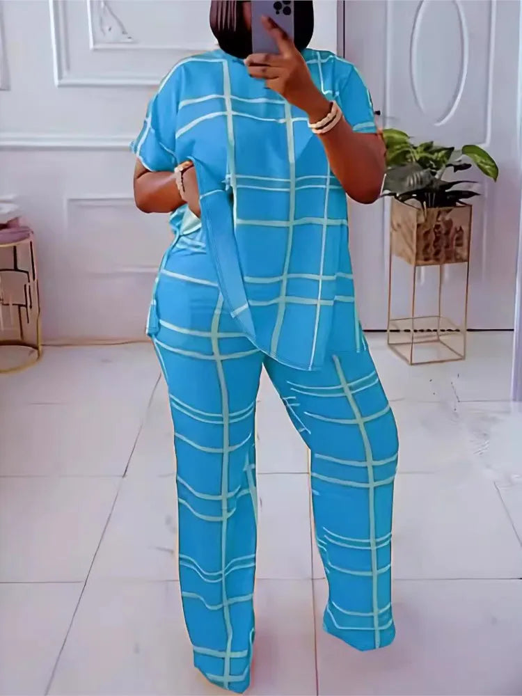 Elements Striped Grid Printed Casual Round Neck  Two Piece Set