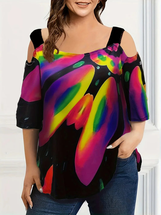 New Strap Off-The-Shoulder  Print Plus Size Women's Short Sleeve