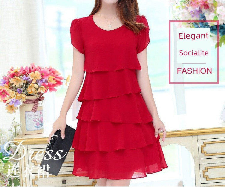 Loose A- line Plus Size Ladies Slimming Short Sleeve Cake Dress