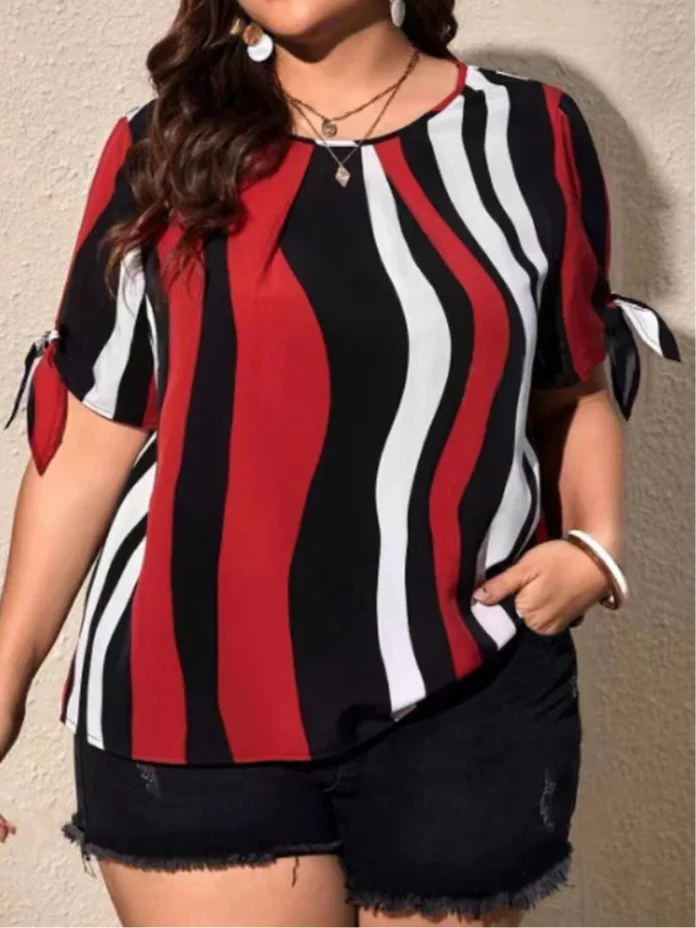 Plus Size Striped Short Sleeve Slit Tie O-Neck Women Blouses