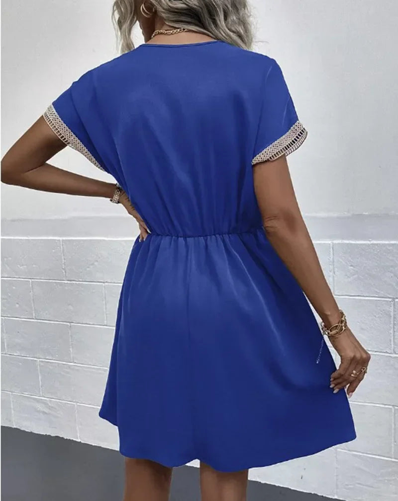 Short Sleeve V-neck Ruffle Waist Cross-border  Elastic Waist Dress