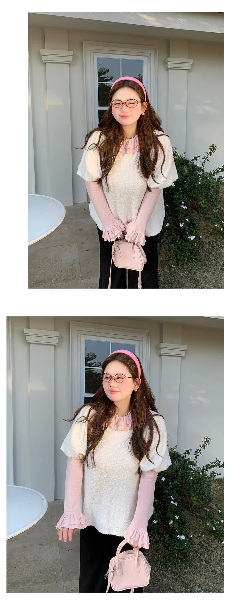 Solid Color Long Sleeve Sweet Double Layer Ruffles Crew Neck Knitted Sweater