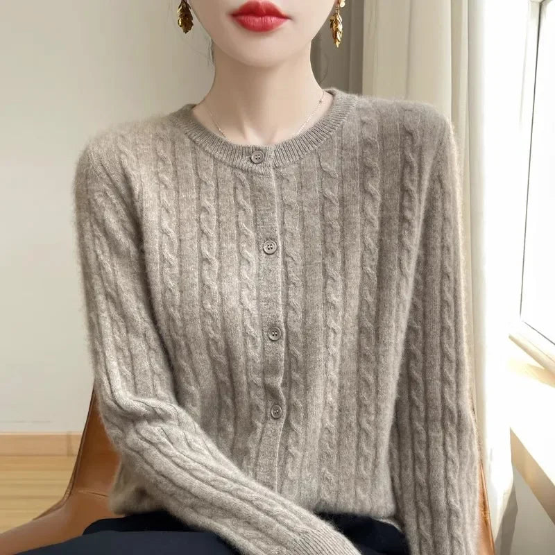 Long Sleeve Knitted O-neck Basic Thick Warm Cardigan