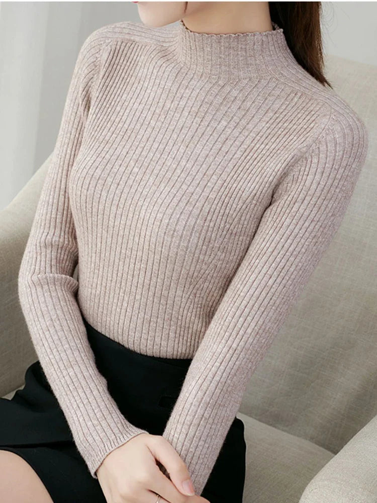 Pullover Mock Neck Long Sleeve Slim Sweater