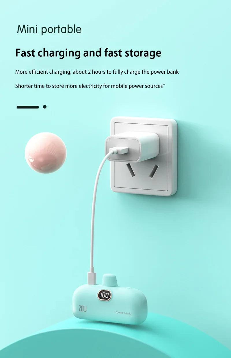 Mini Power Bank 2000/5000mAh Built Cable Portable Mobile Charger Fast Charger