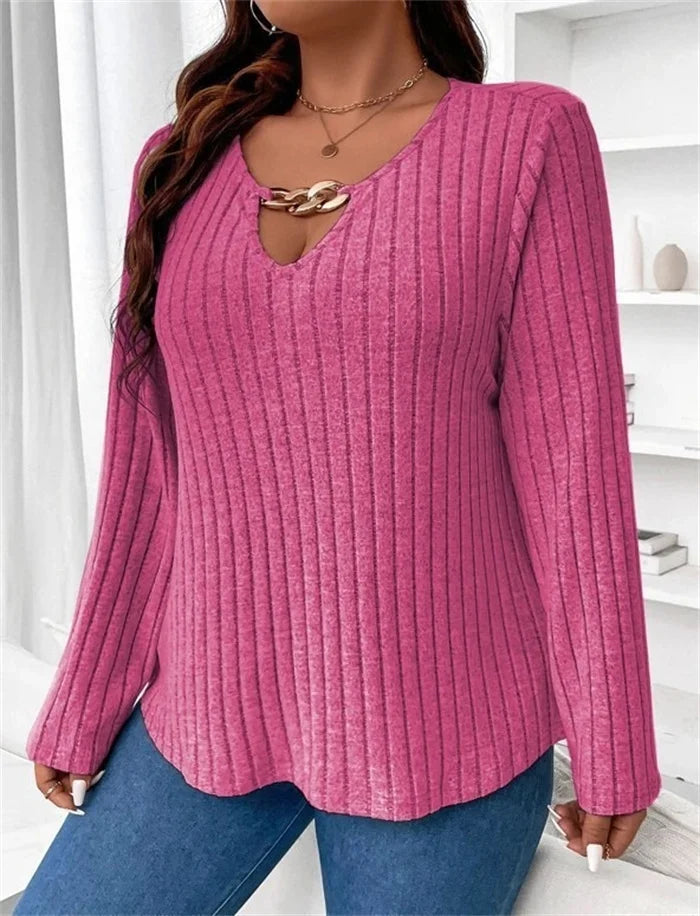 Plus Size Solid V-neck Chain Loose Long Sleeved Rib-knit Light Sweater