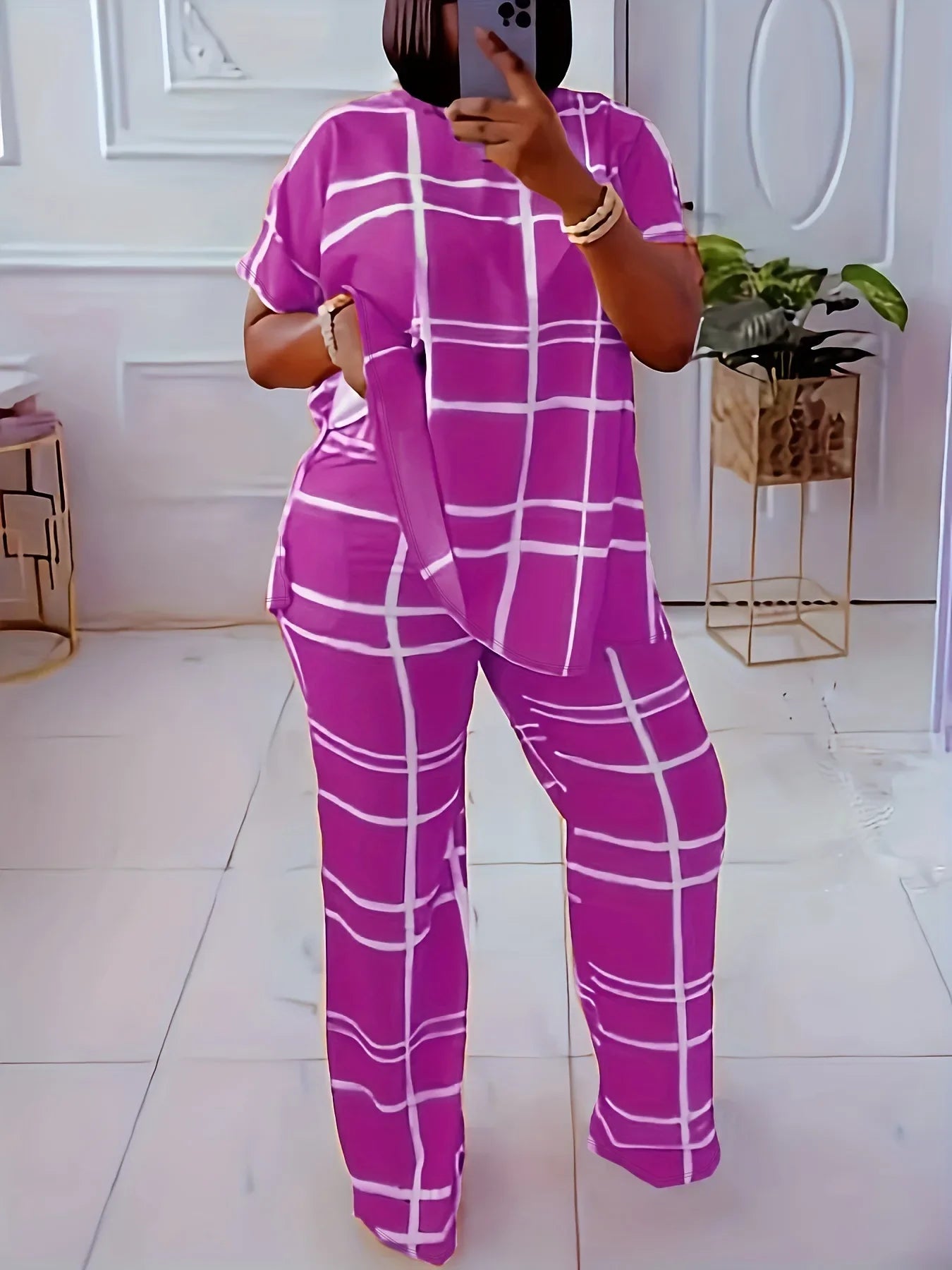 Elements Striped Grid Printed Casual Round Neck  Two Piece Set