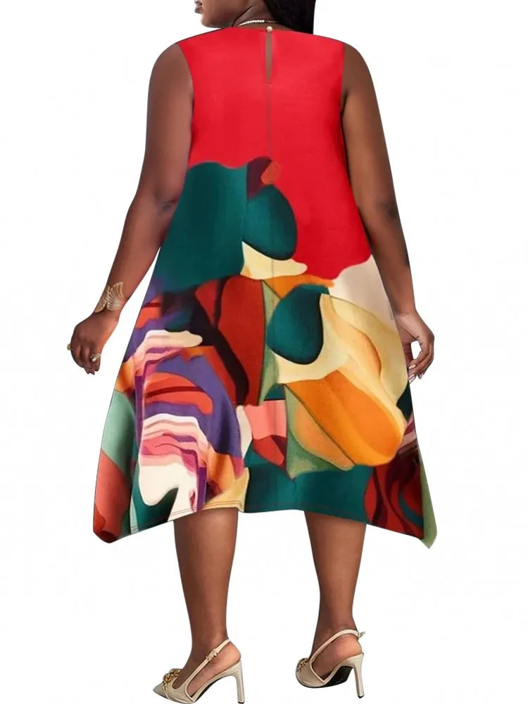 Summer Autumn Sleeveless Street Style Casual Plus Size Midi Dress