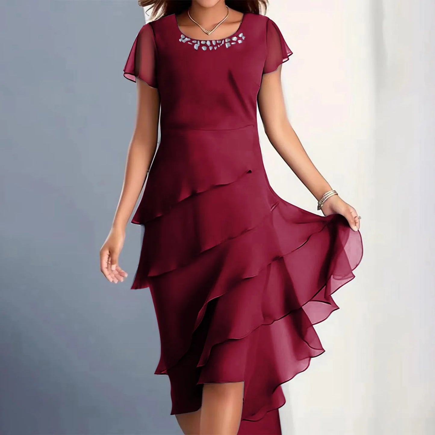 Plus Size Short Sleeve Round Neck Chiffon Paneled Dresses